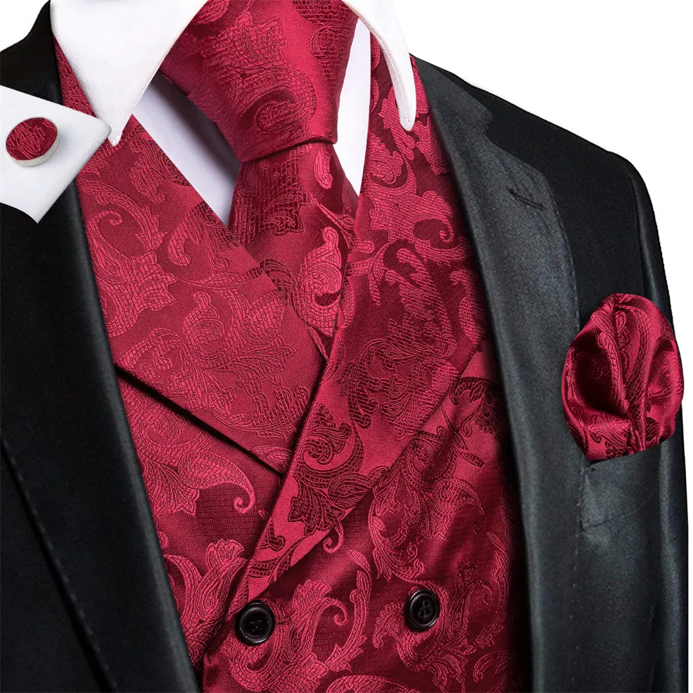 Ties2you Burgundy Floral Double Breasted Silk Mens Vest Hanky Cufflinks Tie Set sold by Ties2You