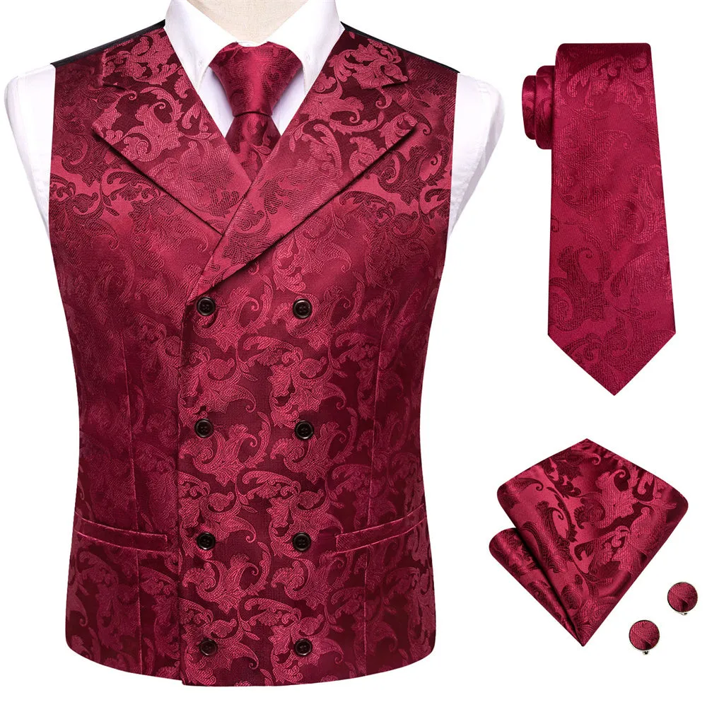 Ties2you Burgundy Floral Double Breasted Silk Mens Vest Hanky Cufflinks Tie Set sold by Ties2You product image thumbnail 2