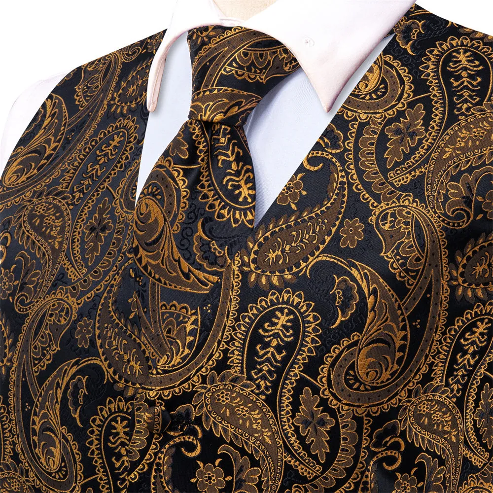 Ties2you Black Gold V-Neck Silk Mens Vest Necktie Set sold by Ties2You product image thumbnail 4