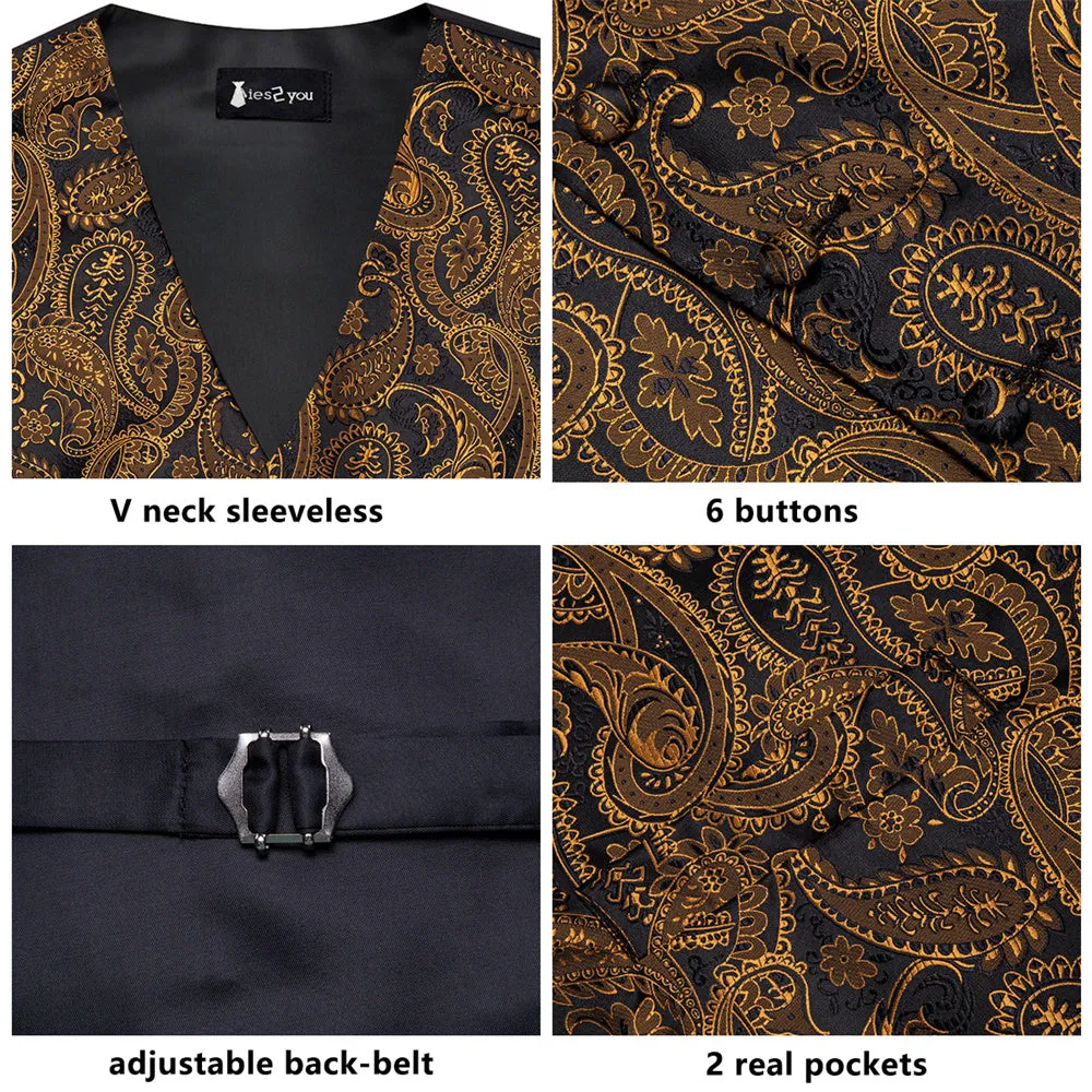 Ties2you Black Gold V-Neck Silk Mens Vest Necktie Set sold by Ties2You product image thumbnail 3