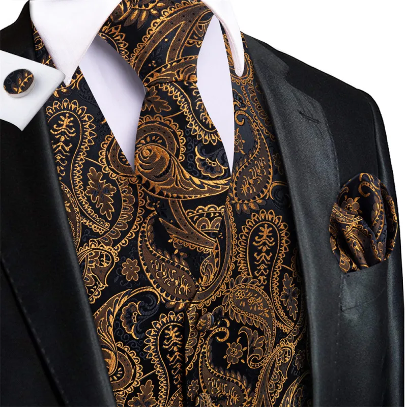 Ties2you Black Gold V-Neck Silk Mens Vest Necktie Set sold by Ties2You
