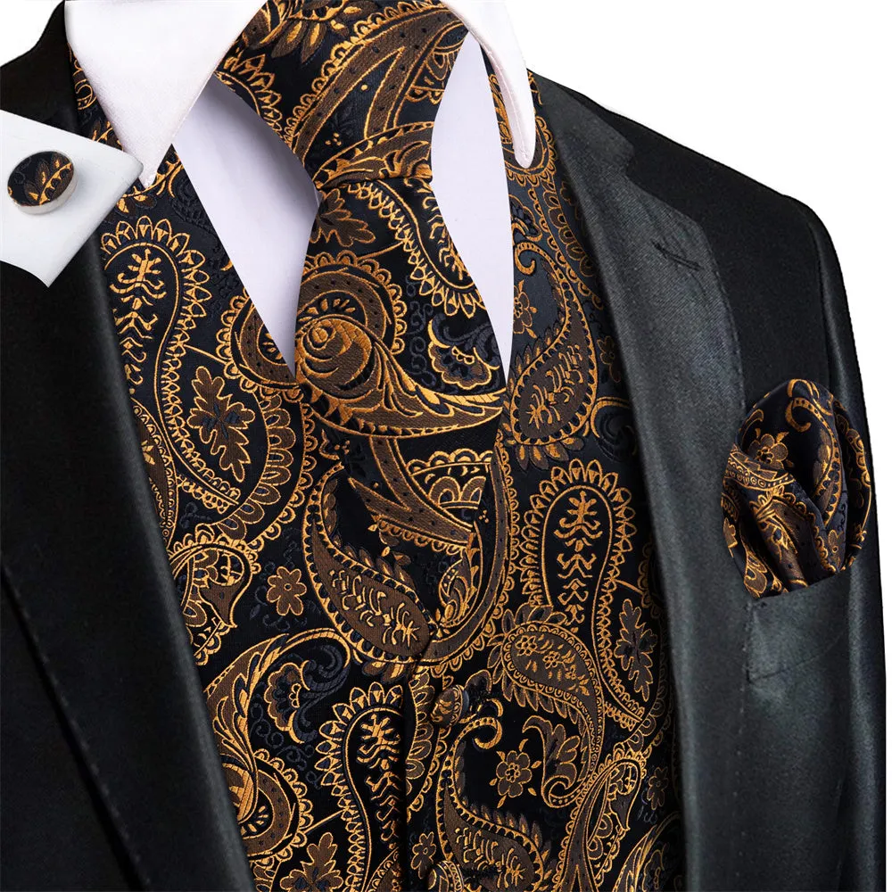 Ties2you Black Gold V-Neck Silk Mens Vest Necktie Set sold by Ties2You