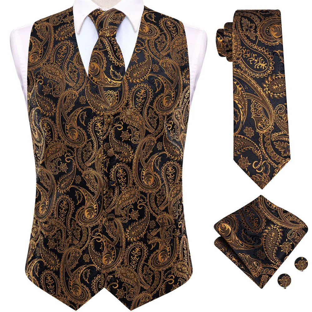 Ties2you Black Gold V-Neck Silk Mens Vest Necktie Set sold by Ties2You product image thumbnail 2