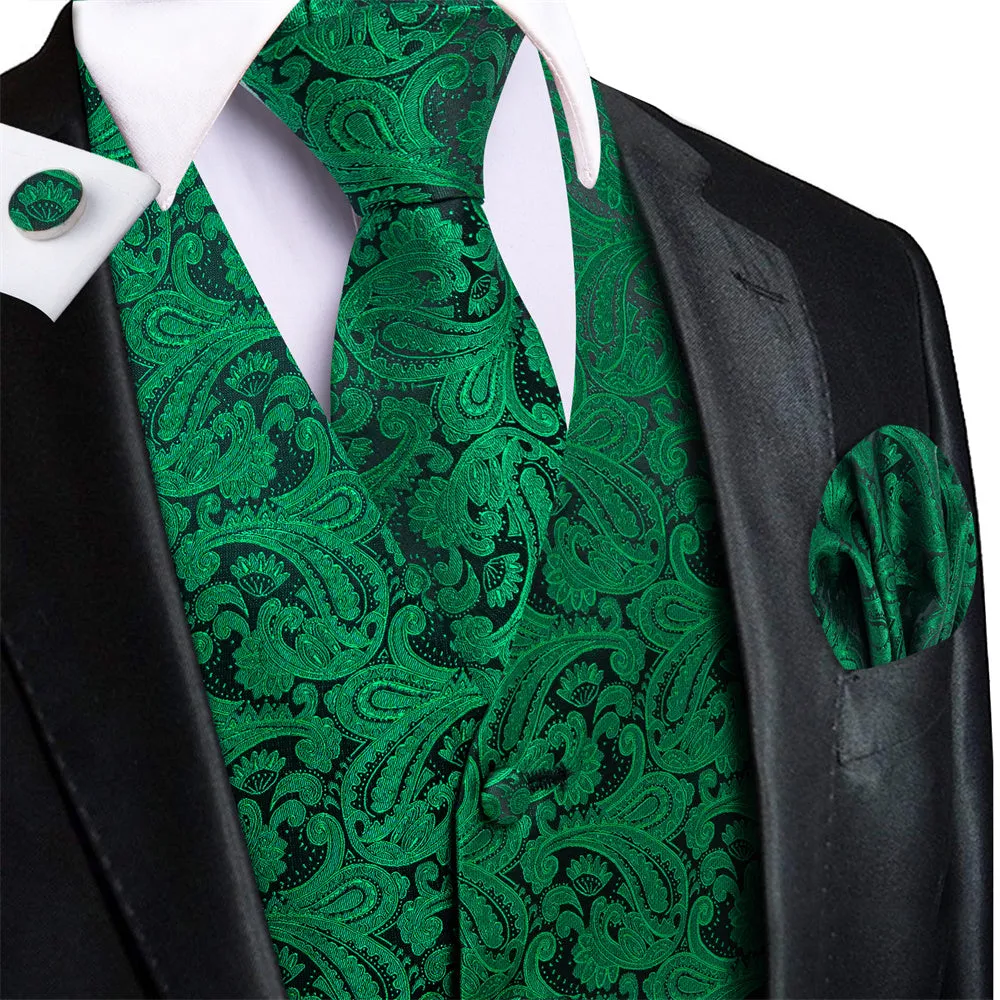 Ties2you Black Green Paisley V-Neck Silk Mens Vest Necktie Set sold by Ties2You