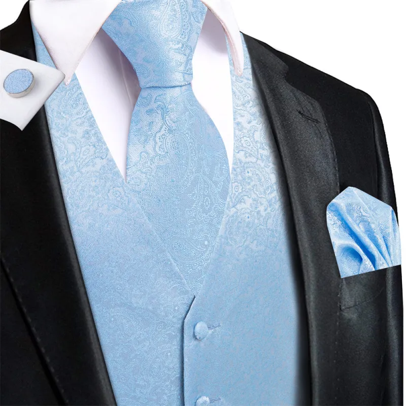 Ties2you Light Blue Paisley V-Neck Silk Mens Vest Necktie Set sold by Ties2You