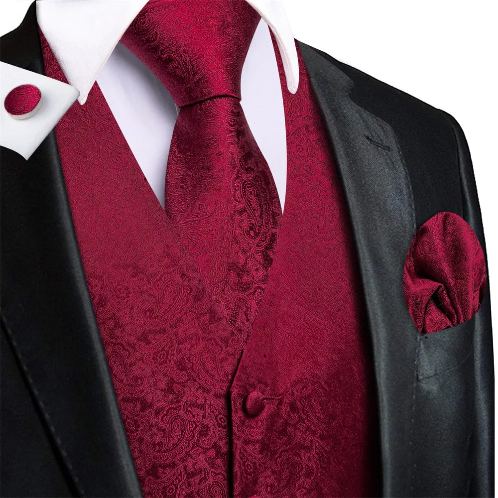 Ties2you Burgundy Paisley V-Neck Silk Mens Vest Necktie Set sold by Ties2You