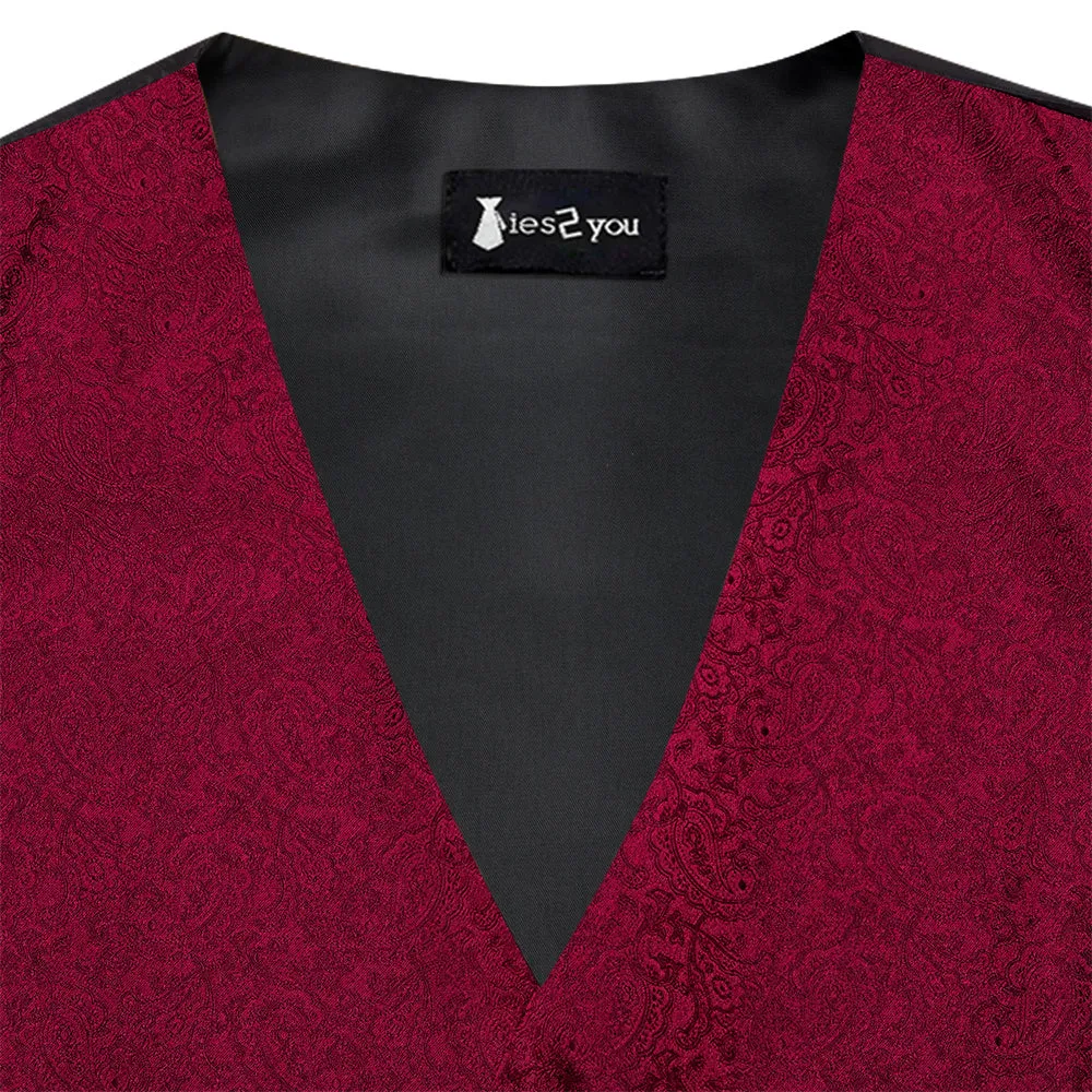 Ties2you Burgundy Paisley V-Neck Silk Mens Vest Necktie Set sold by Ties2You product image thumbnail 5
