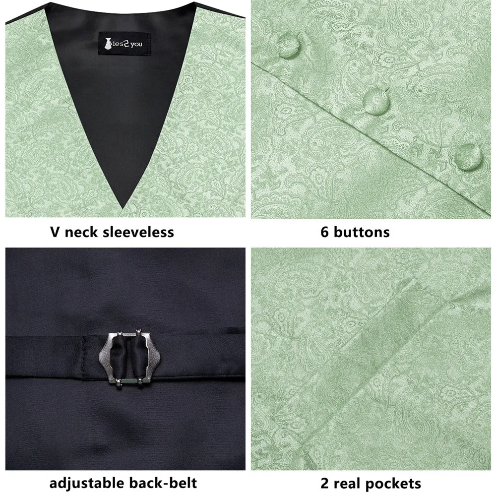 Ties2you Light Green Paisley V-Neck Silk Mens Vest Necktie Set sold by Ties2You product image thumbnail 3