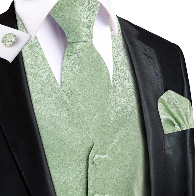 Ties2you Light Green Paisley V-Neck Silk Mens Vest Necktie Set sold by Ties2You
