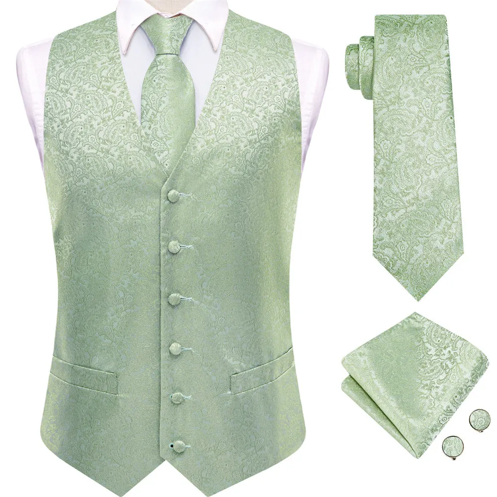 Ties2you Light Green Paisley V-Neck Silk Mens Vest Necktie Set sold by Ties2You product image thumbnail 2