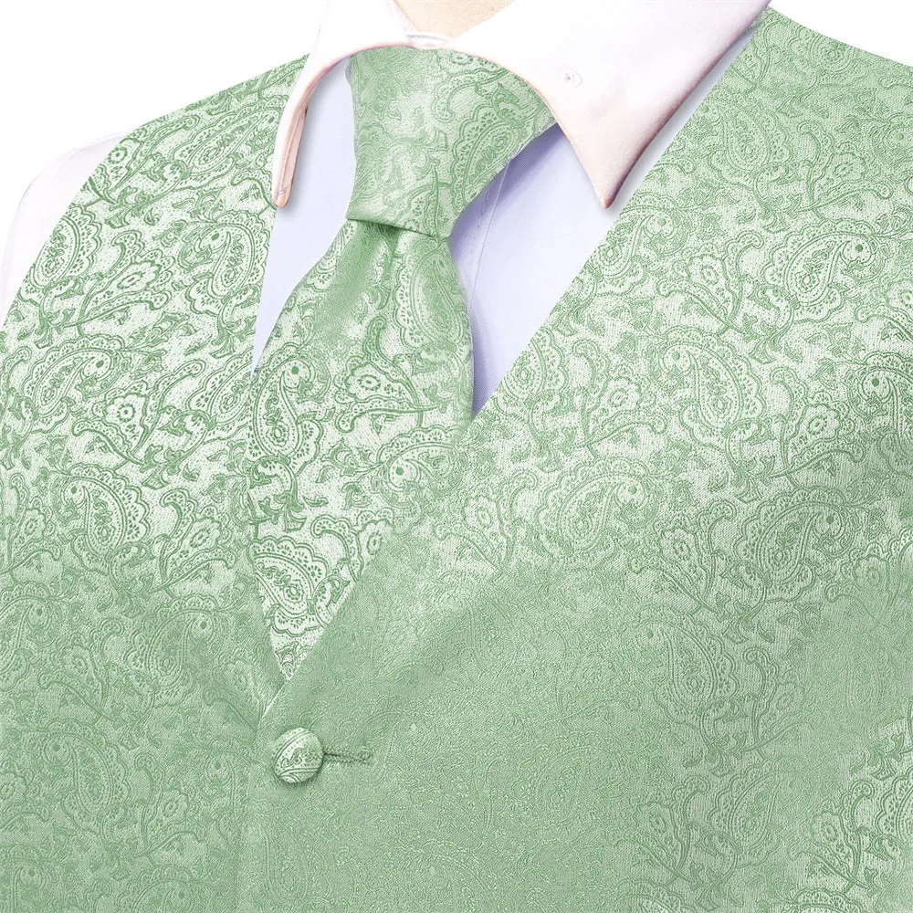 Ties2you Light Green Paisley V-Neck Silk Mens Vest Necktie Set sold by Ties2You product image thumbnail 4