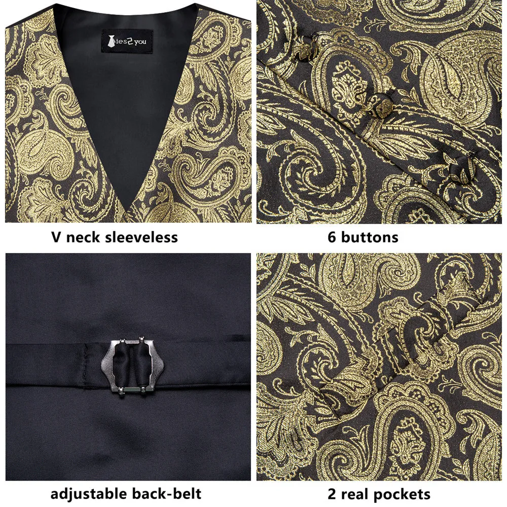 Ties2you Black Golden Paisley V-Neck Silk Mens Vest Necktie Set sold by Ties2You product image thumbnail 4