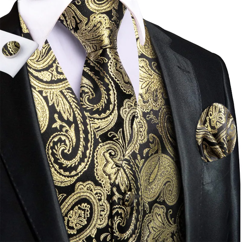 Ties2you Black Golden Paisley V-Neck Silk Mens Vest Necktie Set sold by Ties2You