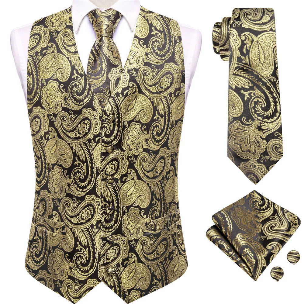 Ties2you Black Golden Paisley V-Neck Silk Mens Vest Necktie Set sold by Ties2You product image thumbnail 2