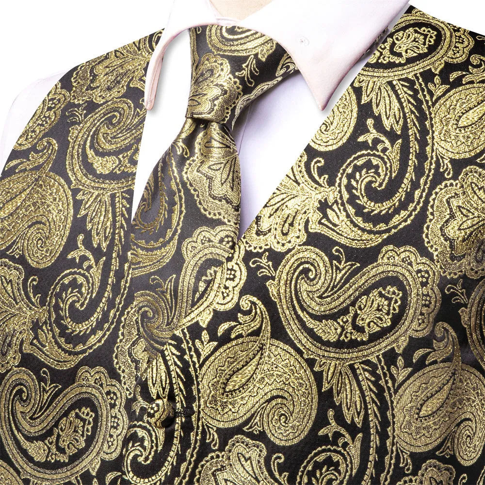 Ties2you Black Golden Paisley V-Neck Silk Mens Vest Necktie Set sold by Ties2You product image thumbnail 3
