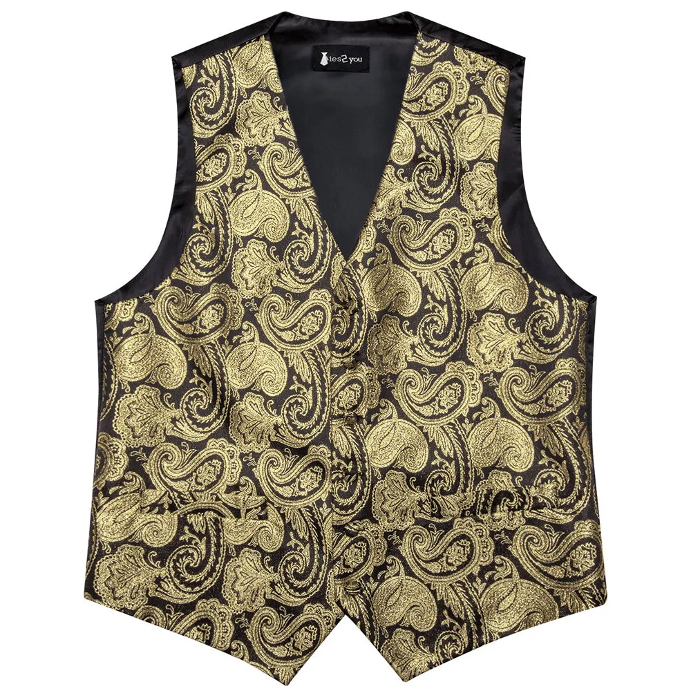Ties2you Black Golden Paisley V-Neck Silk Mens Vest Necktie Set sold by Ties2You product image thumbnail 5