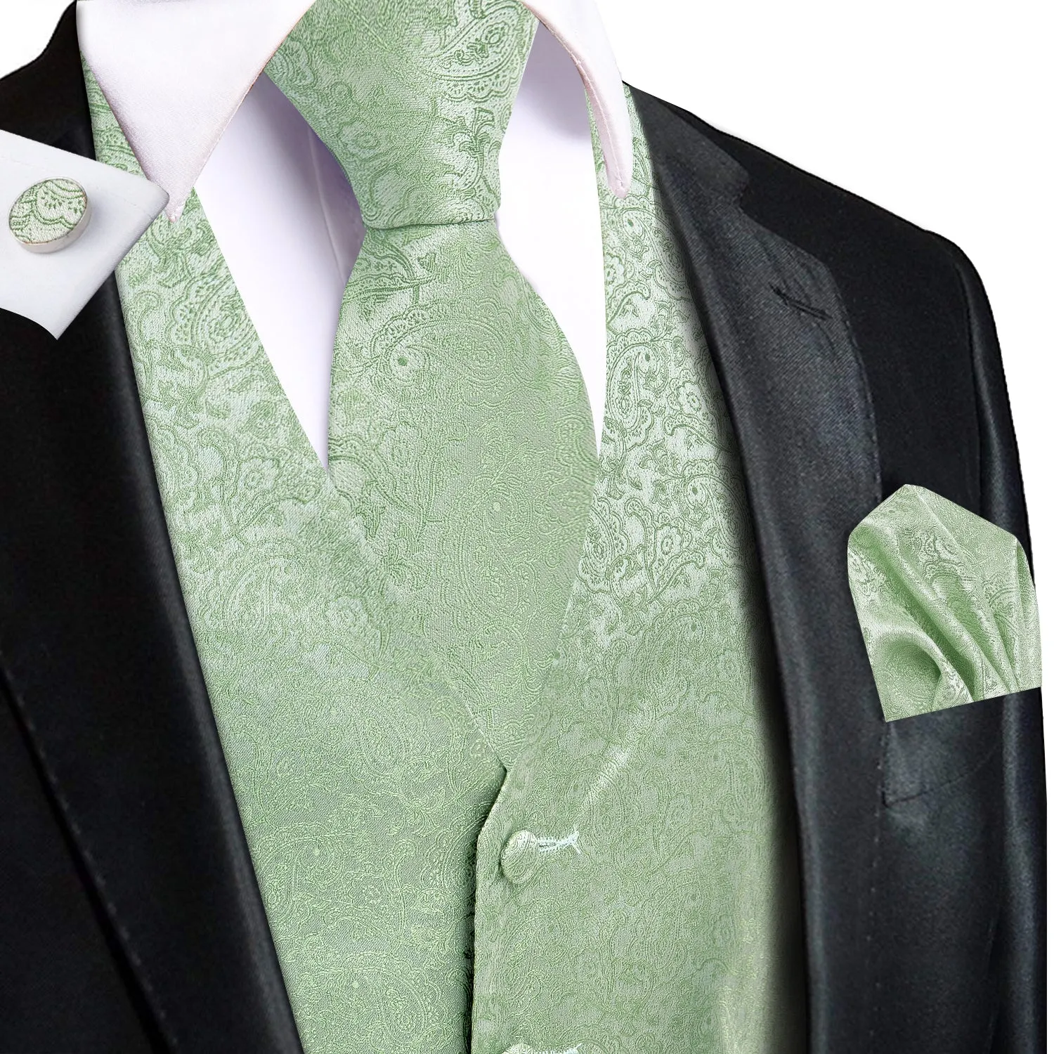 Ties2you Light Green Paisley Pattern V-Neck Silk Vest Necktie Set sold by Ties2You