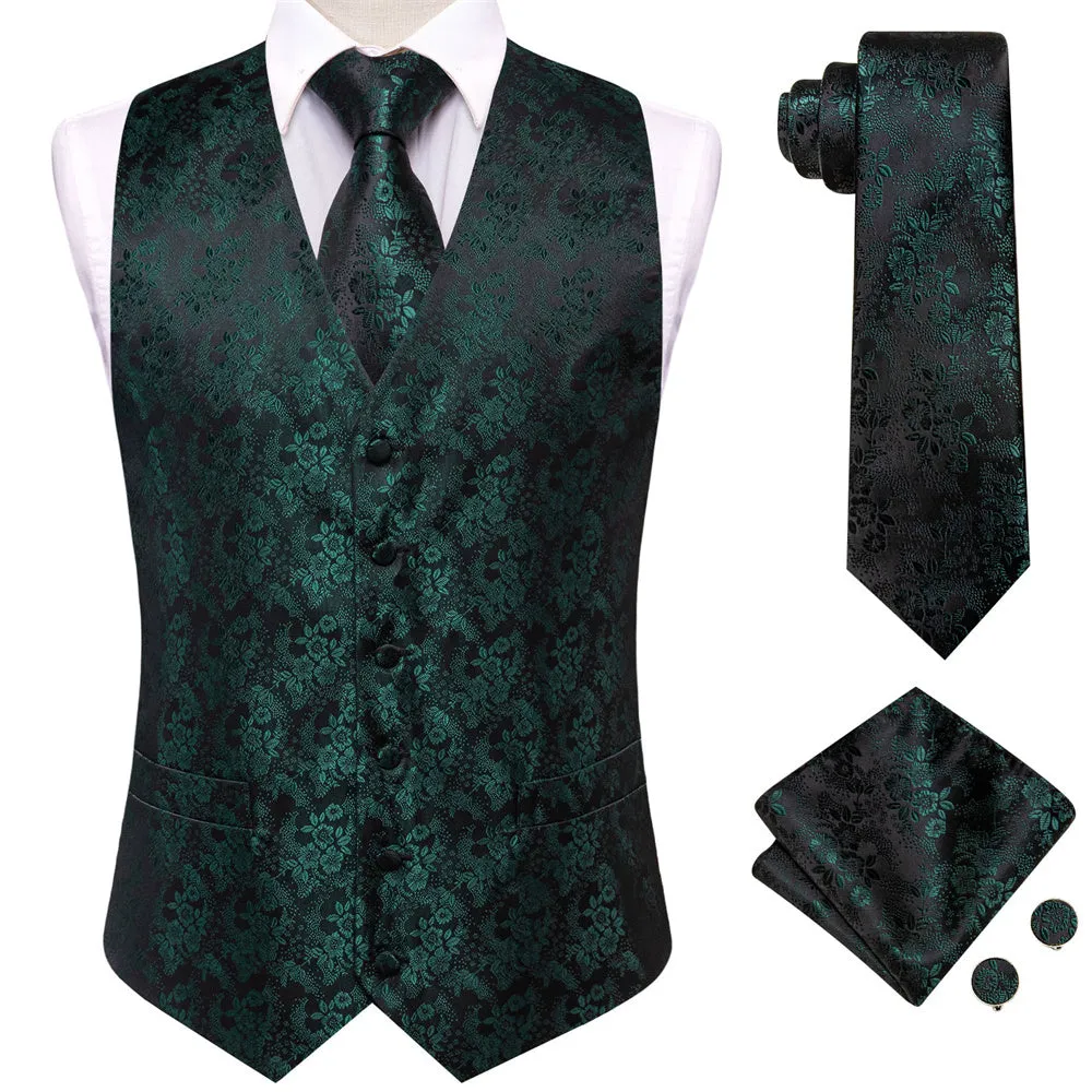 Ties2you Black Green Floral Pattern V-Neck Silk Vest Necktie Set sold by Ties2You product image thumbnail 2