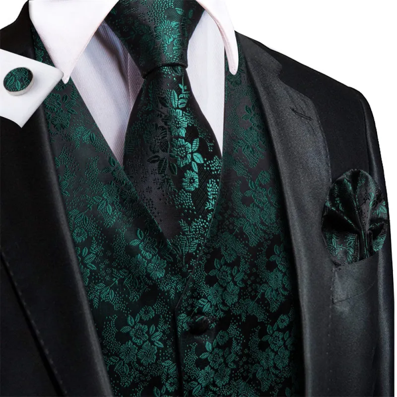 Ties2you Black Green Floral Pattern V-Neck Silk Vest Necktie Set sold by Ties2You