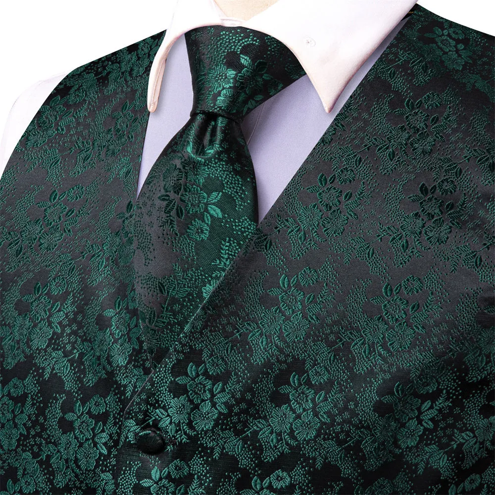 Ties2you Black Green Floral Pattern V-Neck Silk Vest Necktie Set sold by Ties2You product image thumbnail 3