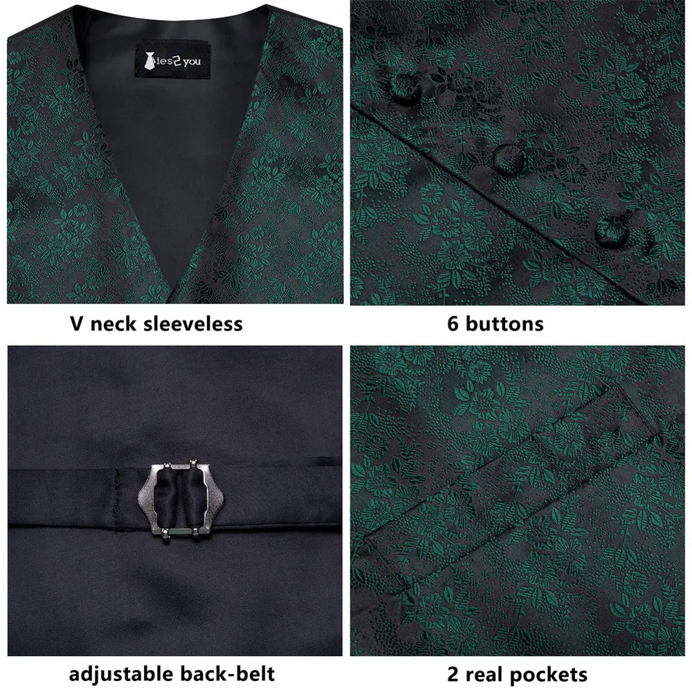 Ties2you Black Green Floral Pattern V-Neck Silk Vest Necktie Set sold by Ties2You product image thumbnail 4