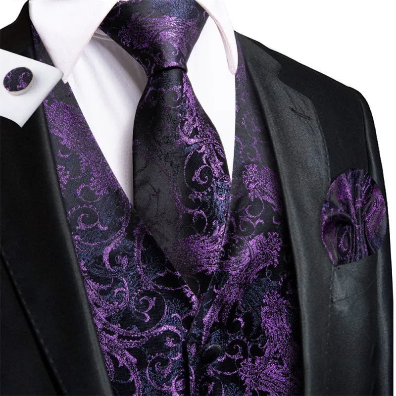 Ties2you Black Purple Floral Pattern V-Neck Silk Vest Necktie Set sold by Ties2You
