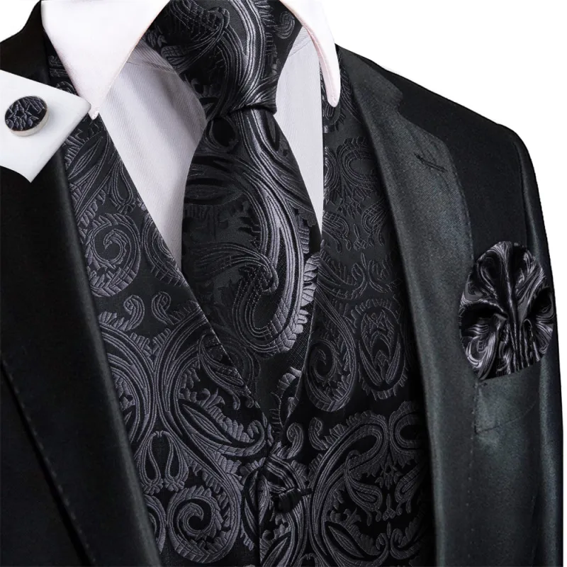 Ties2you Black Paisley Pattern V-Neck Silk Vest Necktie Set sold by Ties2You