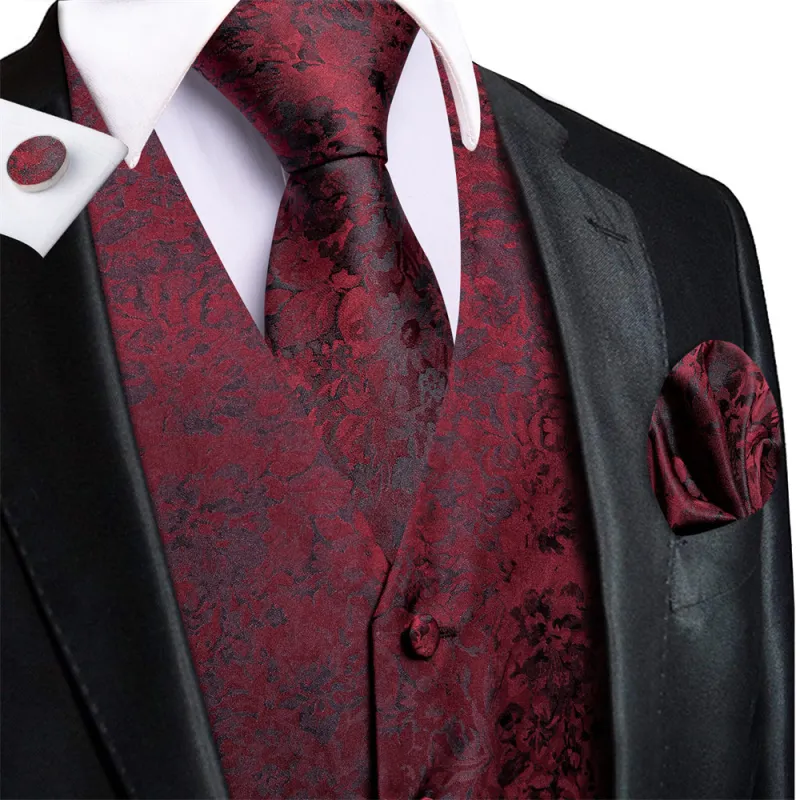 Ties2you Burgundy Floral Pattern V-Neck Silk Vest Necktie Set sold by Ties2You