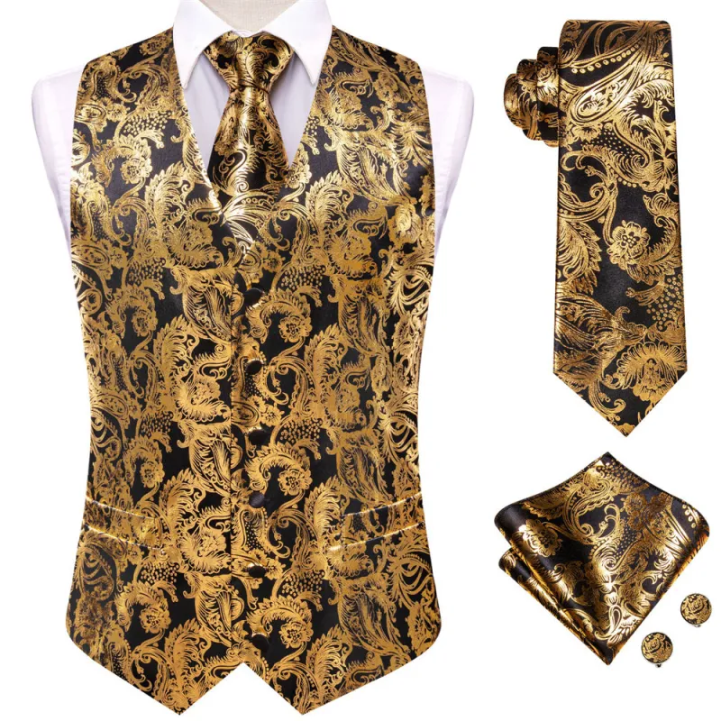 Ties2you Black Gold Floral Pattern V-Neck Silk Vest Necktie Set sold by Ties2You