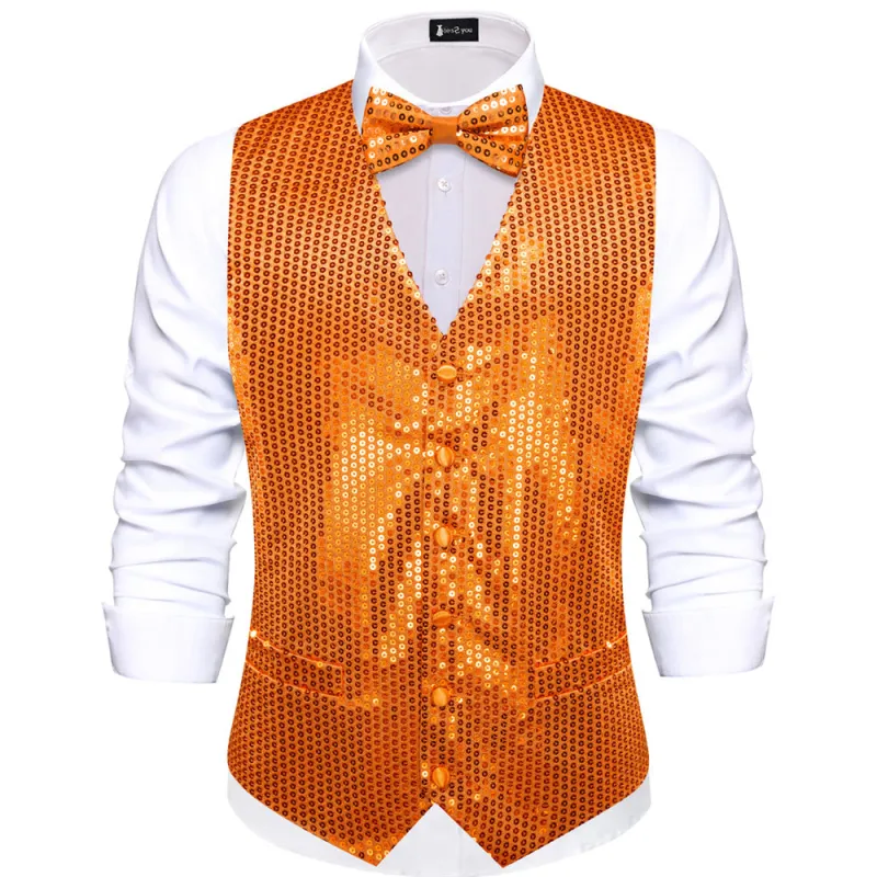 Ties2you Orange Sequins Silk Men's Vest Hanky Cufflinks Bowtie Set made by Ties2You