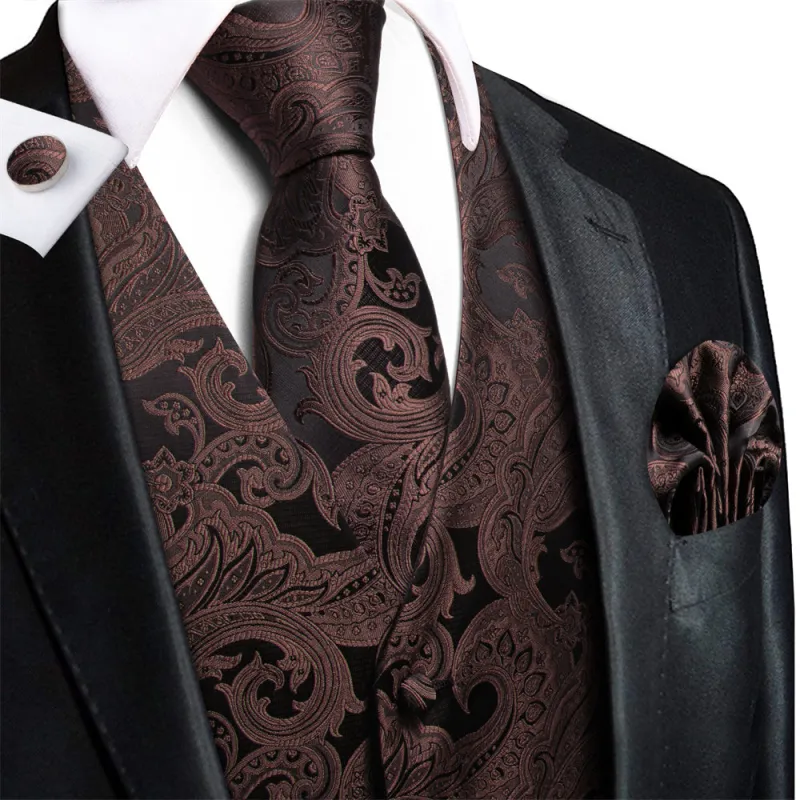 Ties2you Black Brown Paisley Pattern V-Neck Silk Vest Necktie Set sold by Ties2You