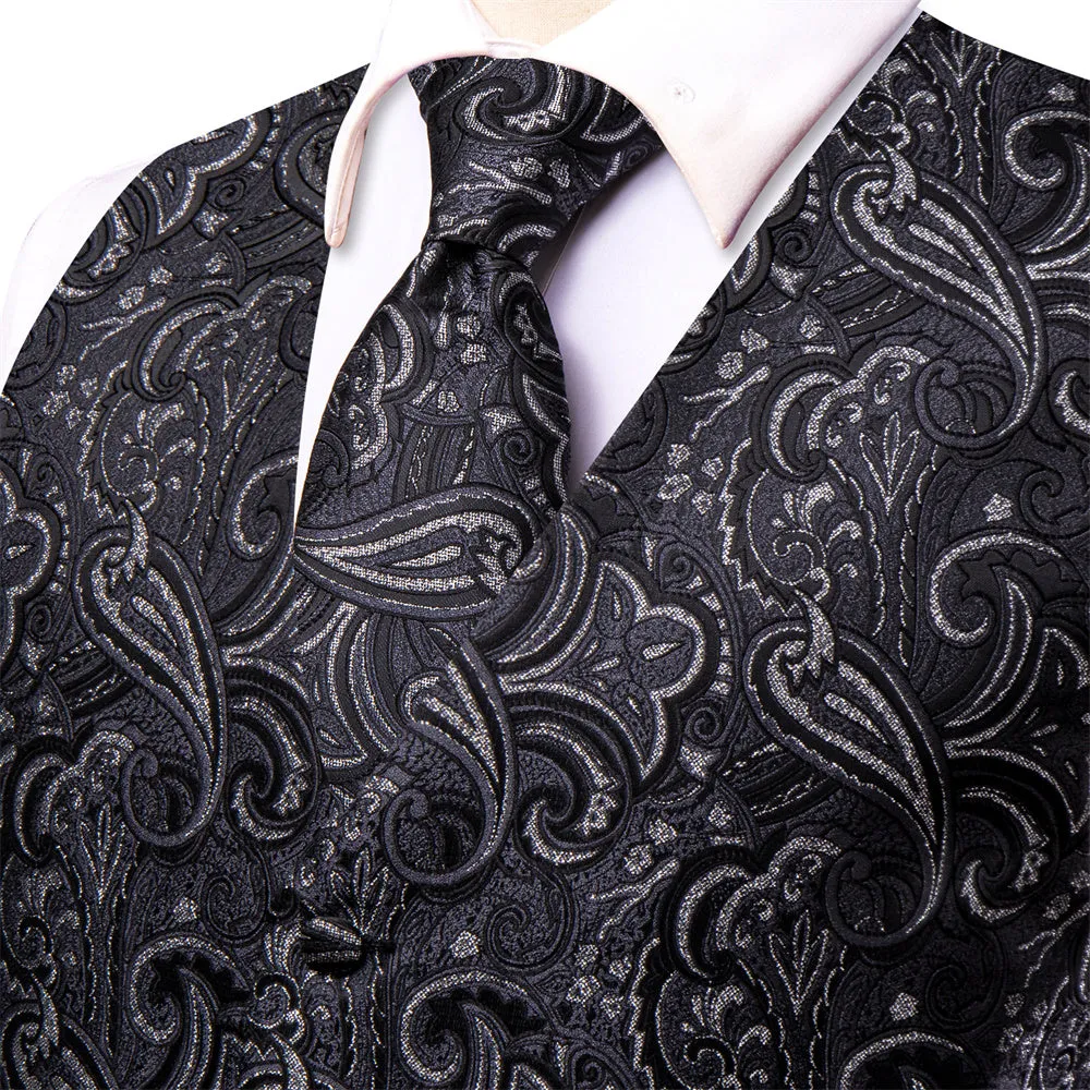 Ties2you Black Floral Pattern V-Neck Silk Vest Necktie Set sold by Ties2You product image thumbnail 4