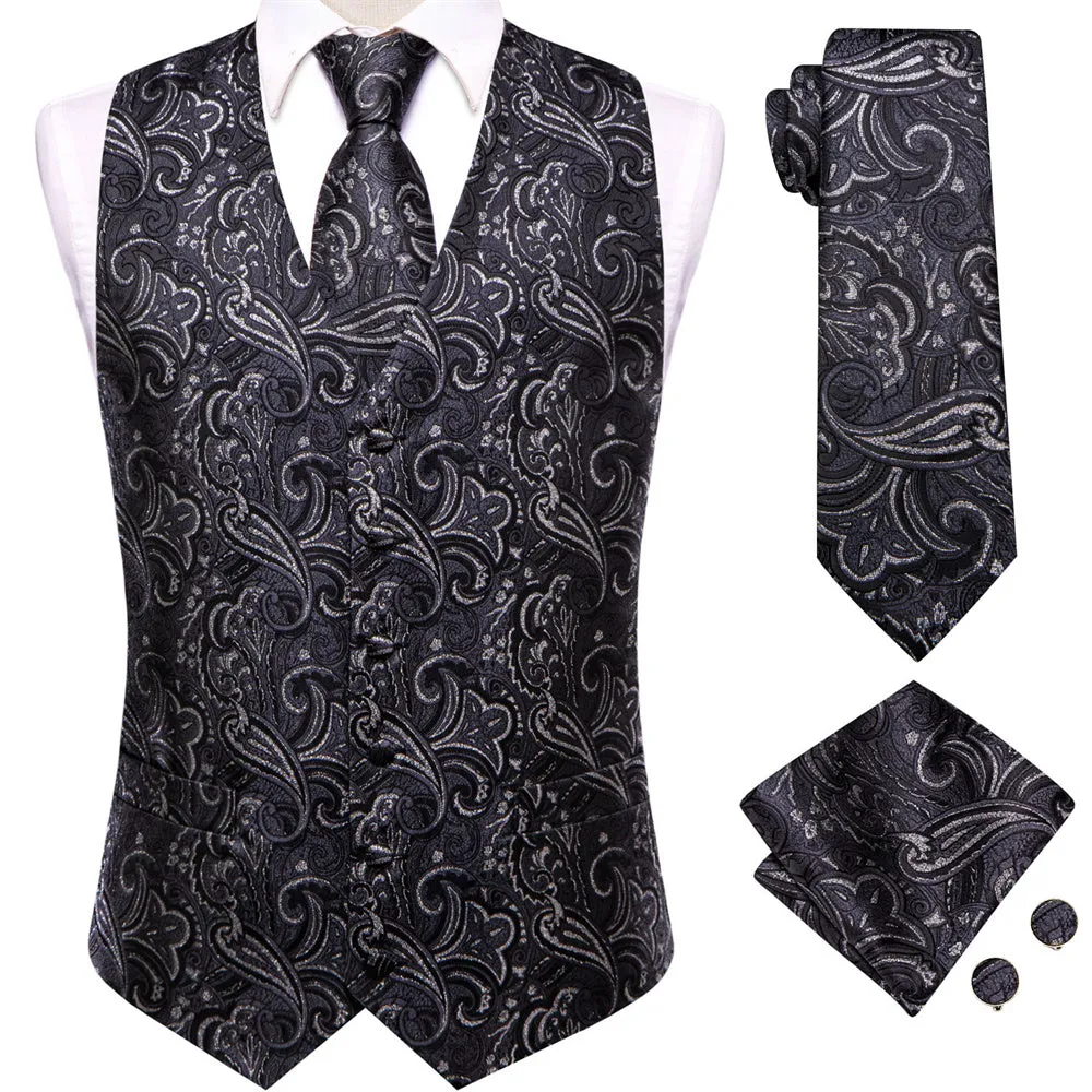 Ties2you Black Floral Pattern V-Neck Silk Vest Necktie Set sold by Ties2You product image thumbnail 2
