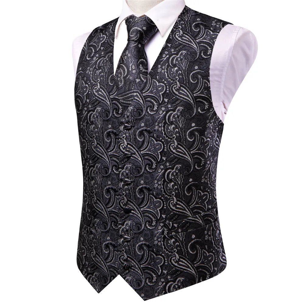 Ties2you Black Floral Pattern V-Neck Silk Vest Necktie Set sold by Ties2You product image thumbnail 5