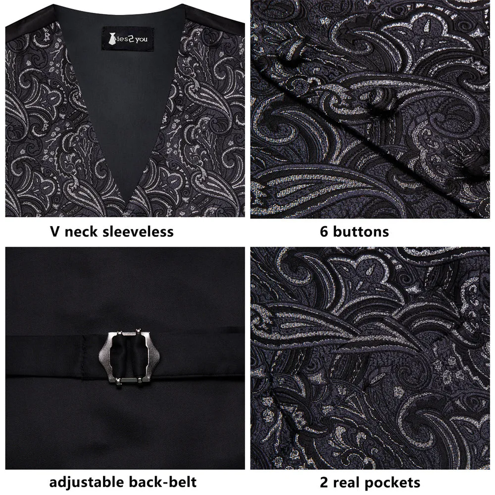 Ties2you Black Floral Pattern V-Neck Silk Vest Necktie Set sold by Ties2You product image thumbnail 3
