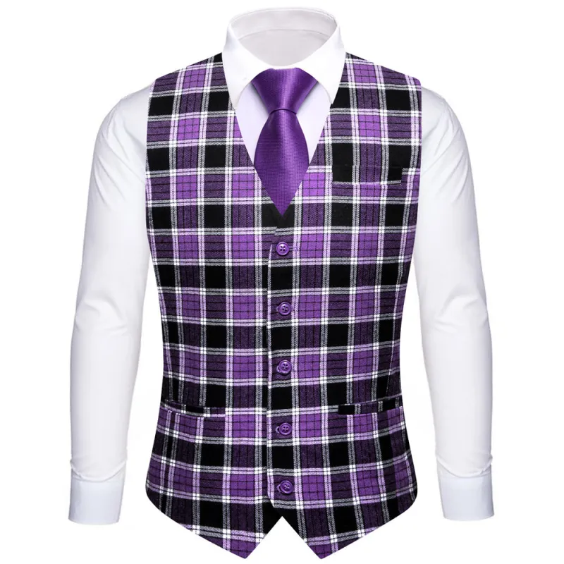Ties2you Purple Black Plaid Pattern V-Neck Silk Vest sold by Ties2You