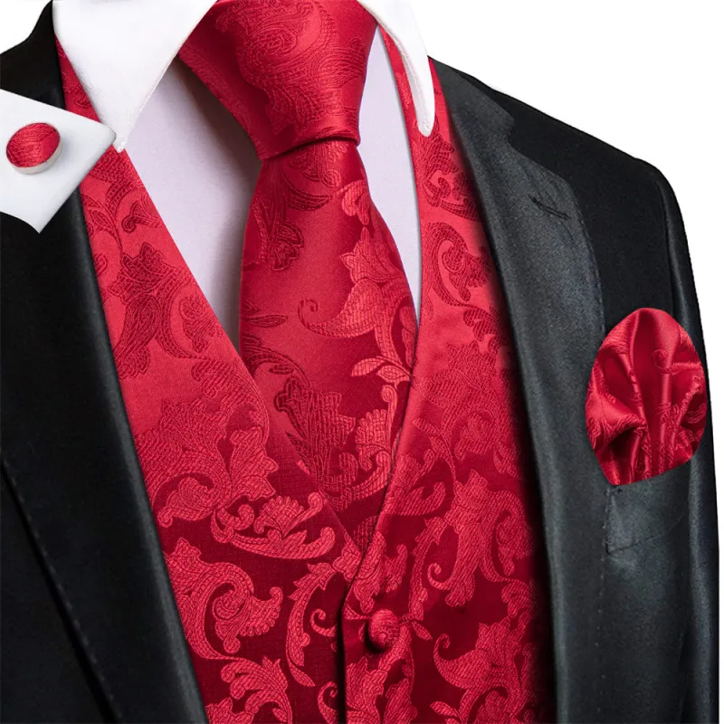 Ties2you Red Floral Pattern V-Neck Silk Vest Necktie Set sold by Ties2You