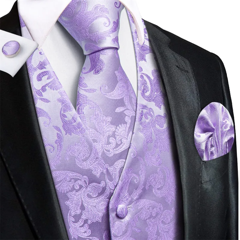 Ties2you Silver Purple Paisley Pattern V-Neck Silk Vest Necktie Set sold by Ties2You