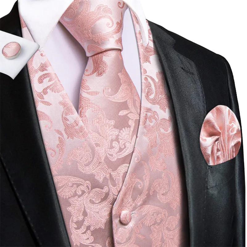 Ties2you Silver Pink Paisley Pattern V-Neck Silk Vest Necktie Set sold by Ties2You