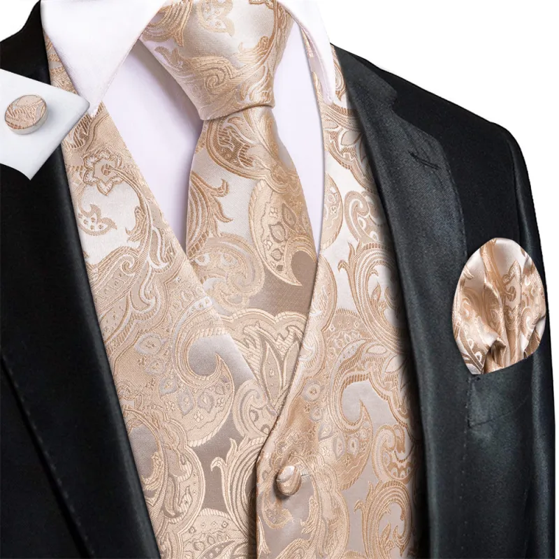 Ties2you Silver Champagne Paisley Pattern V-Neck Silk Vest Necktie Set sold by Ties2You