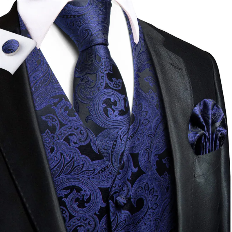 Ties2you Dark Blue Paisley Pattern V-Neck Silk Vest Necktie Set made by Ties2You