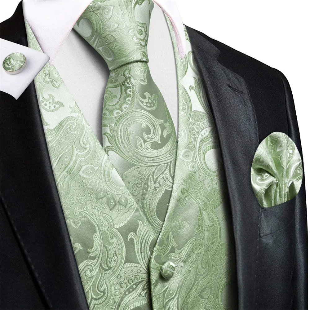 Ties2you Sage Green Suit Vest Paisley Business Formal Vest Tie Hanky Cufflinks Set sold by Ties2You