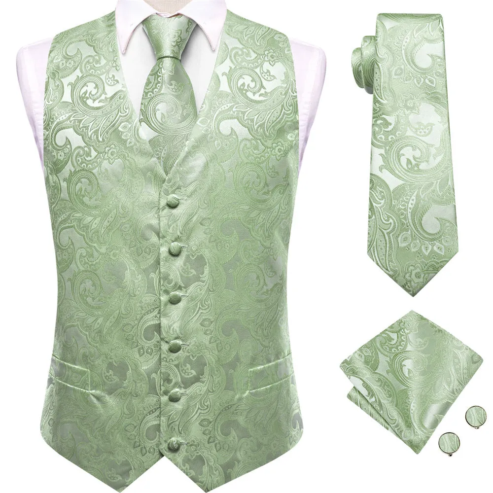 Ties2you Sage Green Suit Vest Paisley Business Formal Vest Tie Hanky Cufflinks Set sold by Ties2You product image thumbnail 4