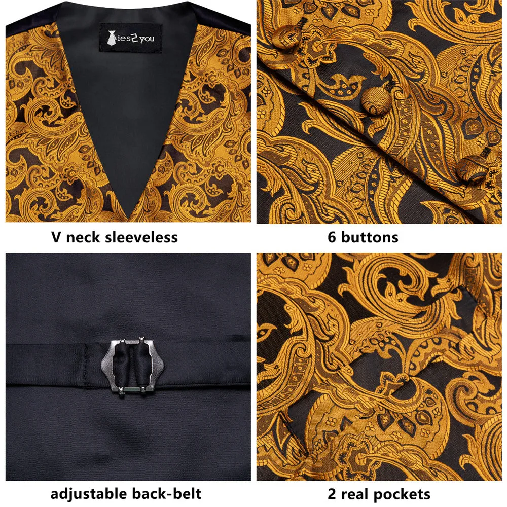 Ties2you Black Golden Paisley Pattern V-Neck Silk Vest Necktie Set sold by Ties2You product image thumbnail 4