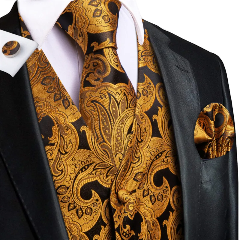 Ties2you Black Golden Paisley Pattern V-Neck Silk Vest Necktie Set sold by Ties2You