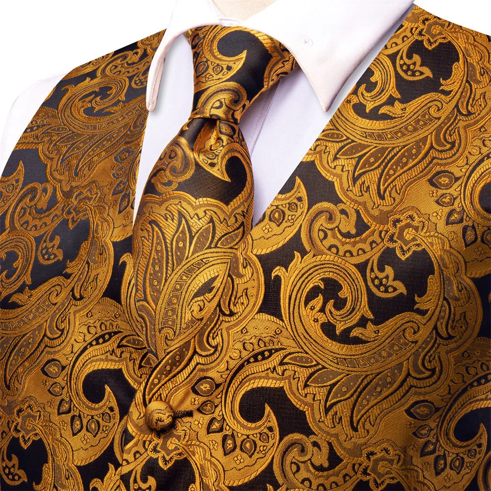 Ties2you Black Golden Paisley Pattern V-Neck Silk Vest Necktie Set sold by Ties2You product image thumbnail 3