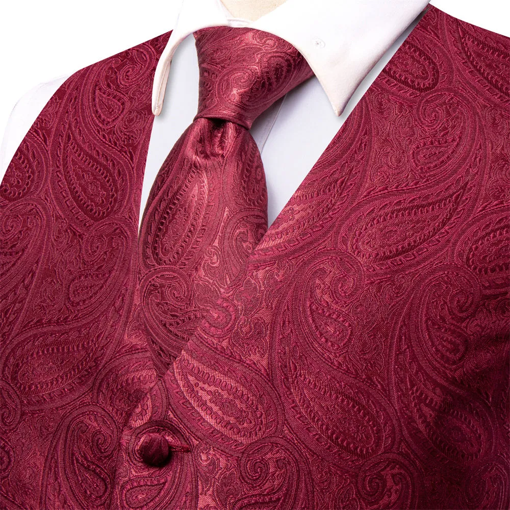 Ties2you Mens Vest Burgundy Paisley Pattern V-Neck Silk Vest Necktie Set sold by Ties2You product image thumbnail 3