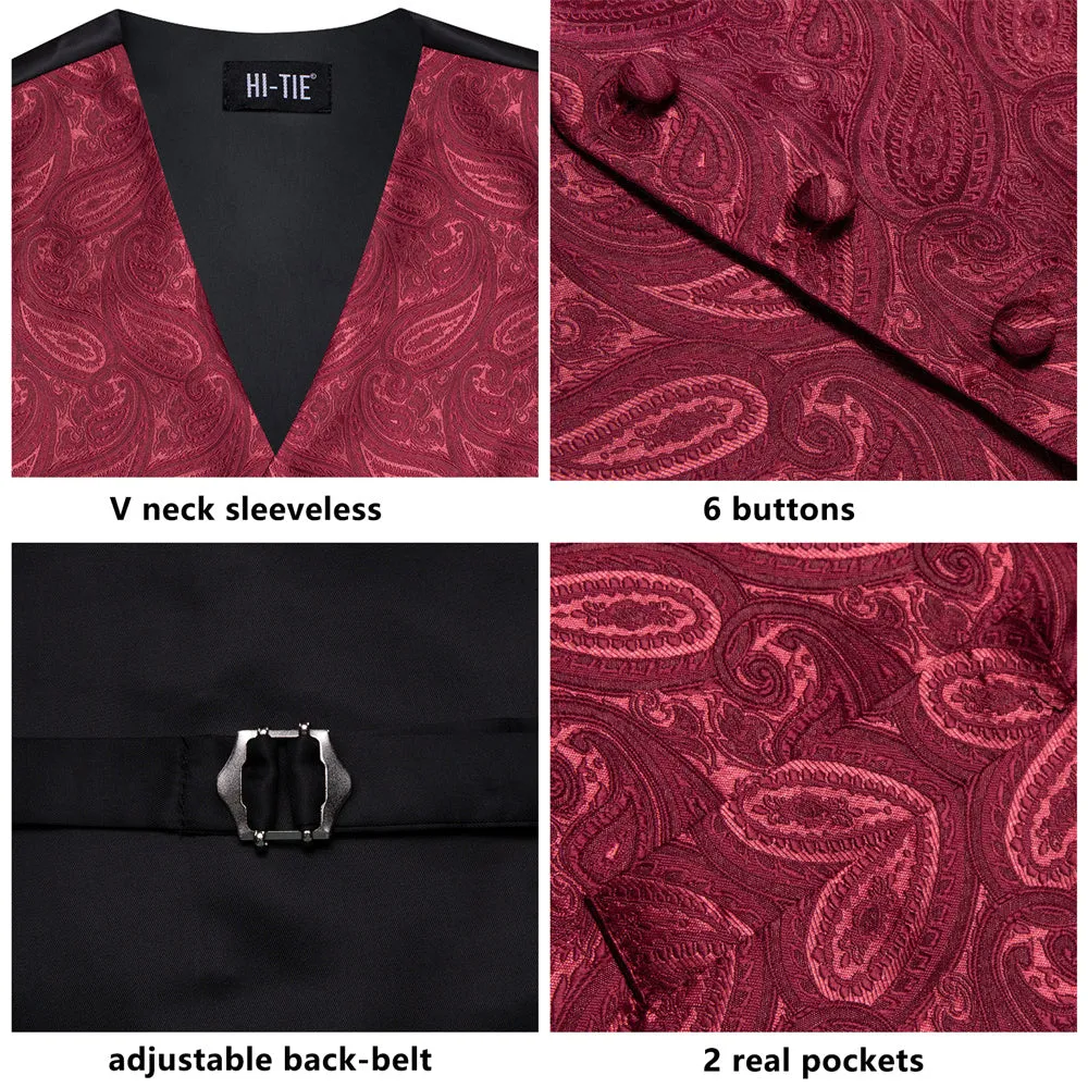 Ties2you Mens Vest Burgundy Paisley Pattern V-Neck Silk Vest Necktie Set sold by Ties2You product image thumbnail 4
