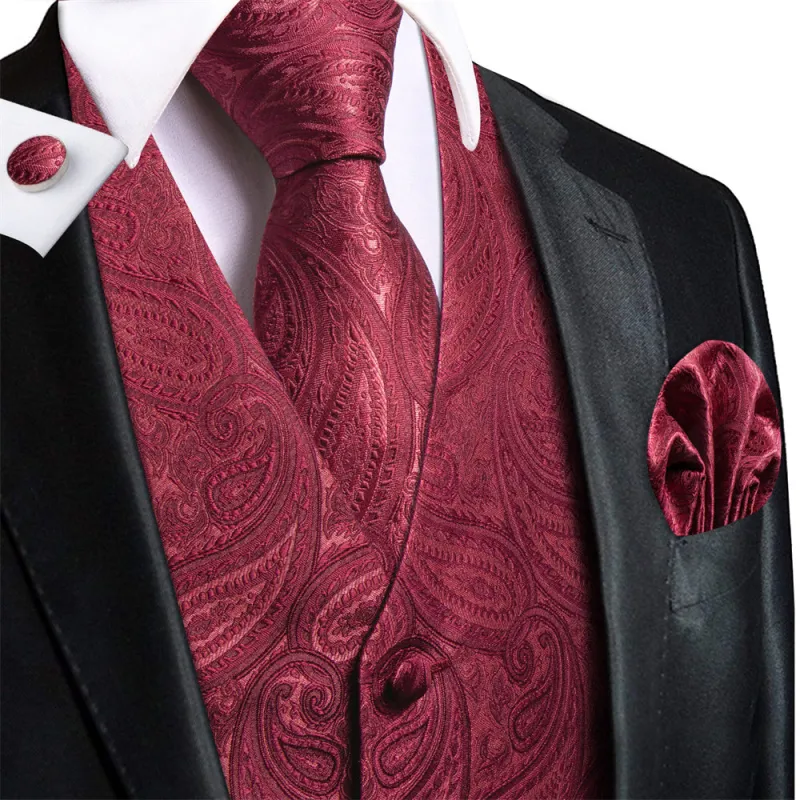 Ties2you Mens Vest Burgundy Paisley Pattern V-Neck Silk Vest Necktie Set sold by Ties2You