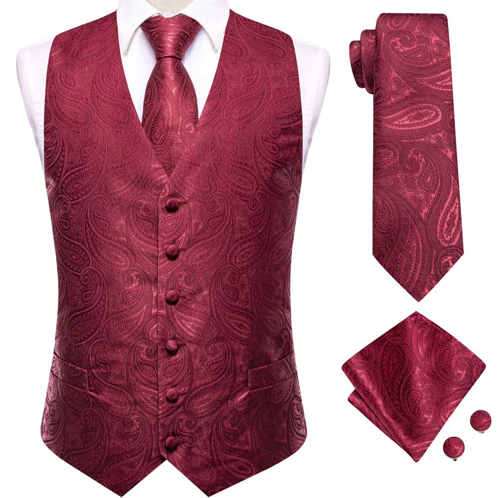 Ties2you Mens Vest Burgundy Paisley Pattern V-Neck Silk Vest Necktie Set sold by Ties2You product image thumbnail 2